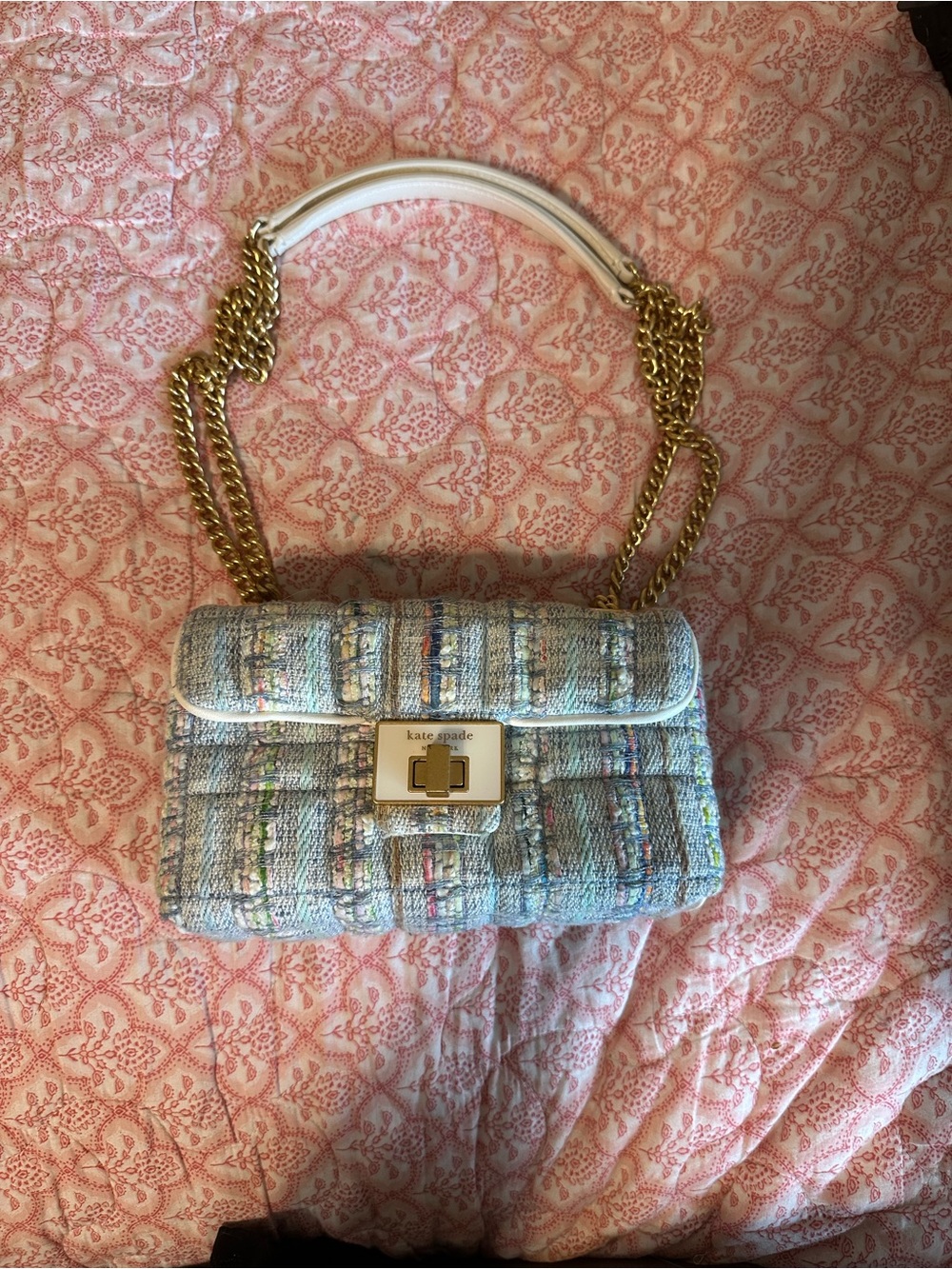 kate spade pastel tweed shoulder bag in light blue with gold chain